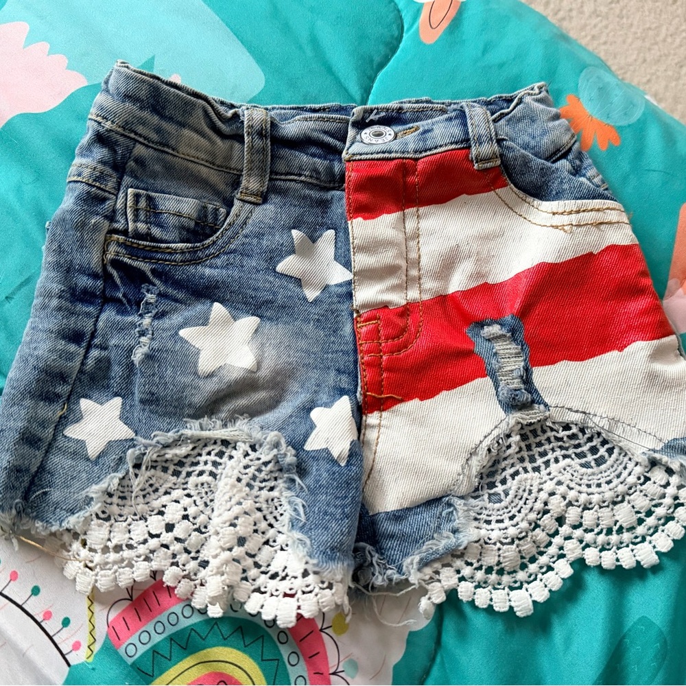 Patriotic Denim Shorts with Lace Trim